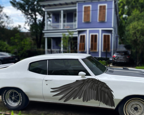 A Black Wings car parked in front of a house. Brand name: CoverAlls.