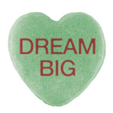 A green heart-shaped Candy Hearts with the phrase 