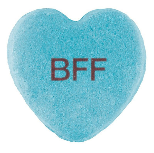 A heart-shaped blue Candy Hearts with the acronym "bff" stamped in red lettering, perfect for Valentine's Day by Cover-Alls.
