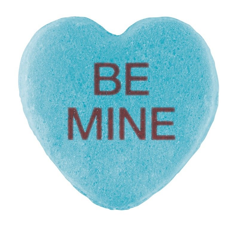 Blue heart-shaped Candy Hearts with "be mine" written in red letters on the surface, perfect for Valentine's Day by Cover-Alls.