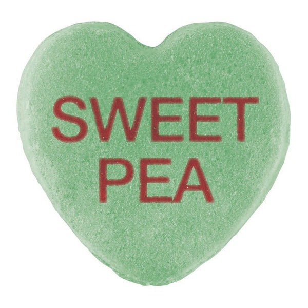 Green heart-shaped Candy Hearts with "sweet pea" text in red, featuring a Cover-Alls custom design.