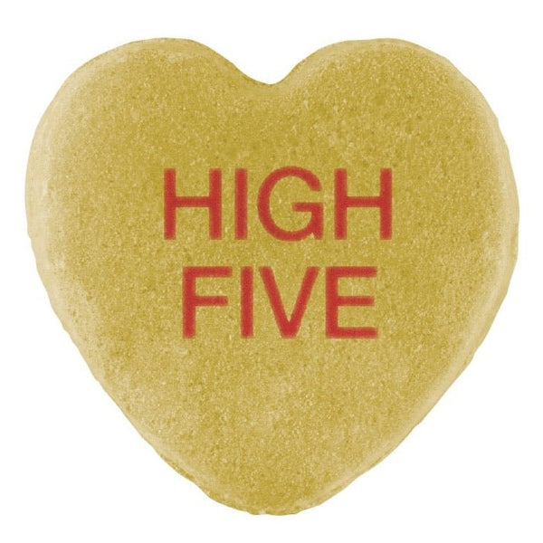 A heart-shaped cookie with the phrase "high five" in red text centered on its surface, perfect for Valentine's Day.
