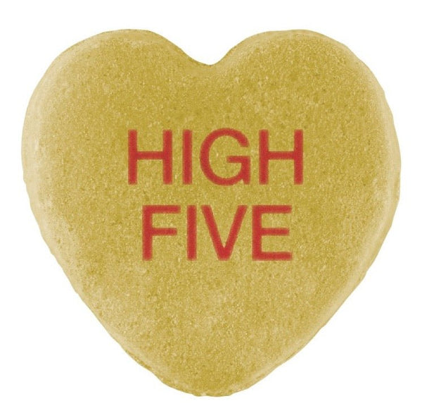 A heart-shaped cookie with the phrase "high five" in red text centered on its surface, perfect for Valentine's Day.