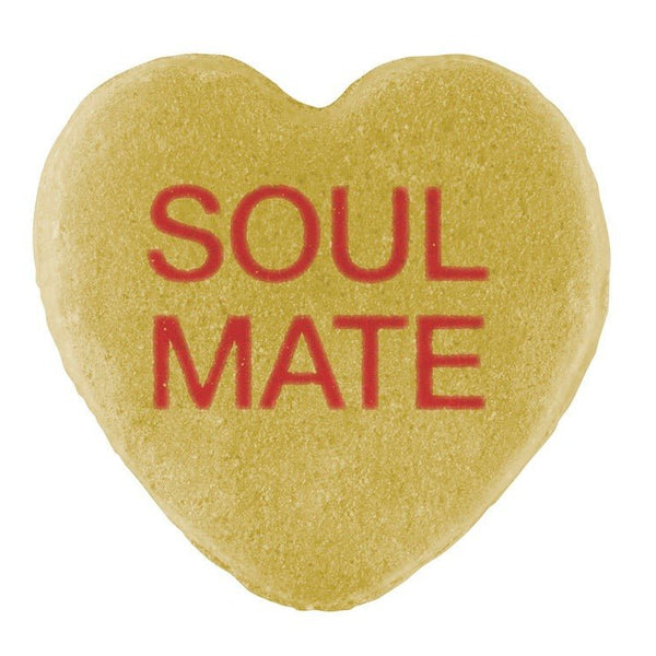 A Cover-Alls Candy Hearts with the words "soul mate" printed in red, featuring a CUSTOM design, isolated on a white background.