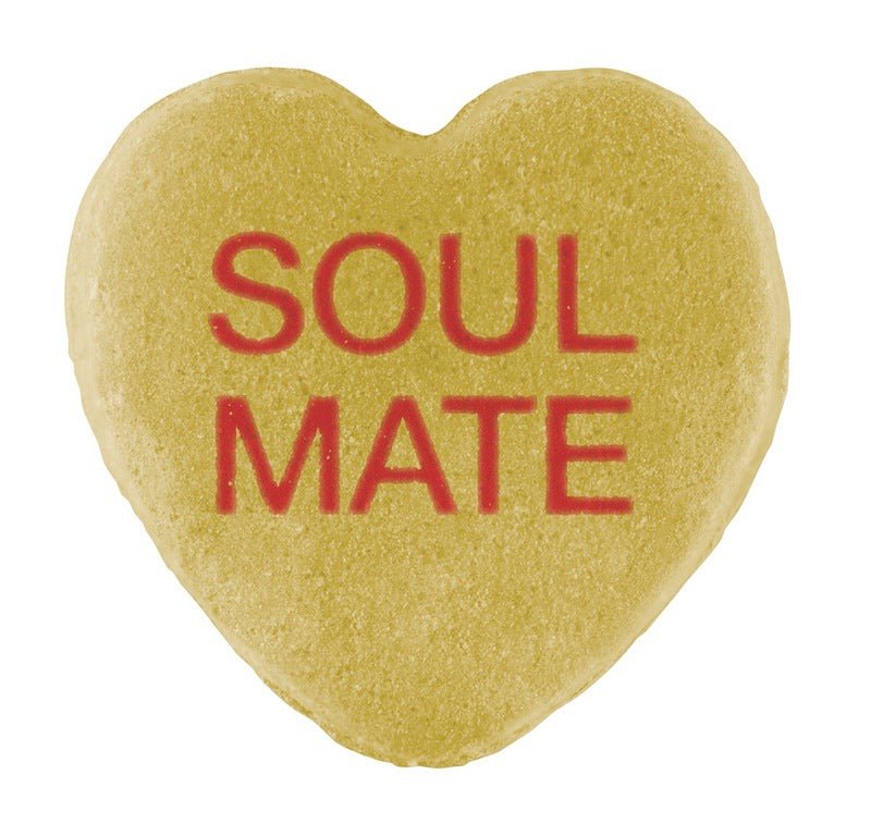 A Cover-Alls Candy Hearts with the words "soul mate" printed in red, featuring a CUSTOM design, isolated on a white background.