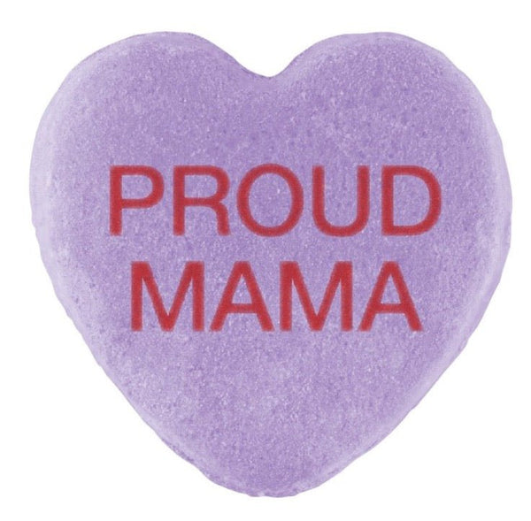 A purple heart-shaped Candy Hearts with the phrase "proud mama" imprinted in red letters, perfect for Valentine's Day.
