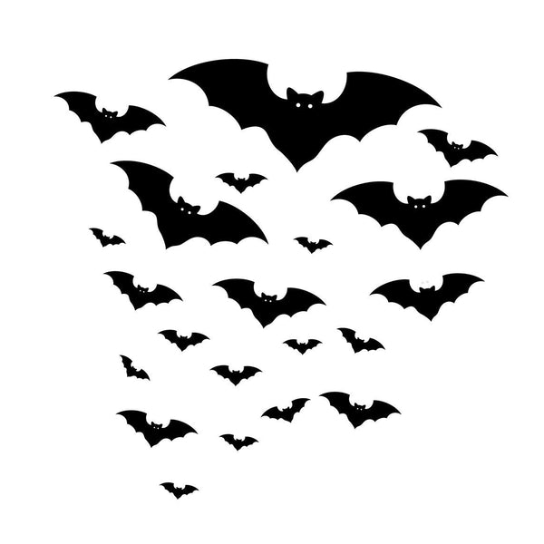 Graphic of a descending formation of Cover-Alls Cauldron of Bats Decals, varying in size from large at the top to small at the bottom, on a white background.
