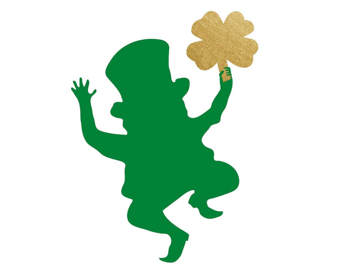 Dancing Leprechaun Silhouette with Gold Four Leafed Clover - Car Floats Reusable Car Decals