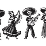Four Day of the Dead Mariachi Band skeletons playing instruments by CoverAlls with a Halloween themed decal.