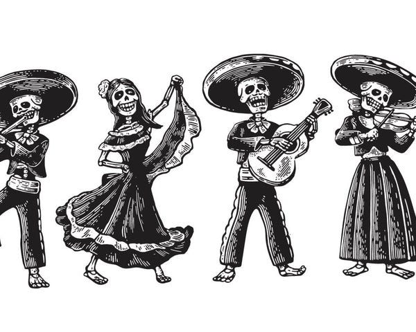 Four Day of the Dead Mariachi Band skeletons playing instruments by CoverAlls with a Halloween themed decal.