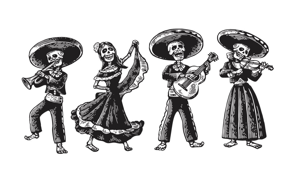 Black and white illustration of four skeleton figures in traditional Mexican attire, each playing different musical instruments as part of a Day of the Dead Mariachi Band: a trumpet, a guitar, and a violin by Cover-Alls.