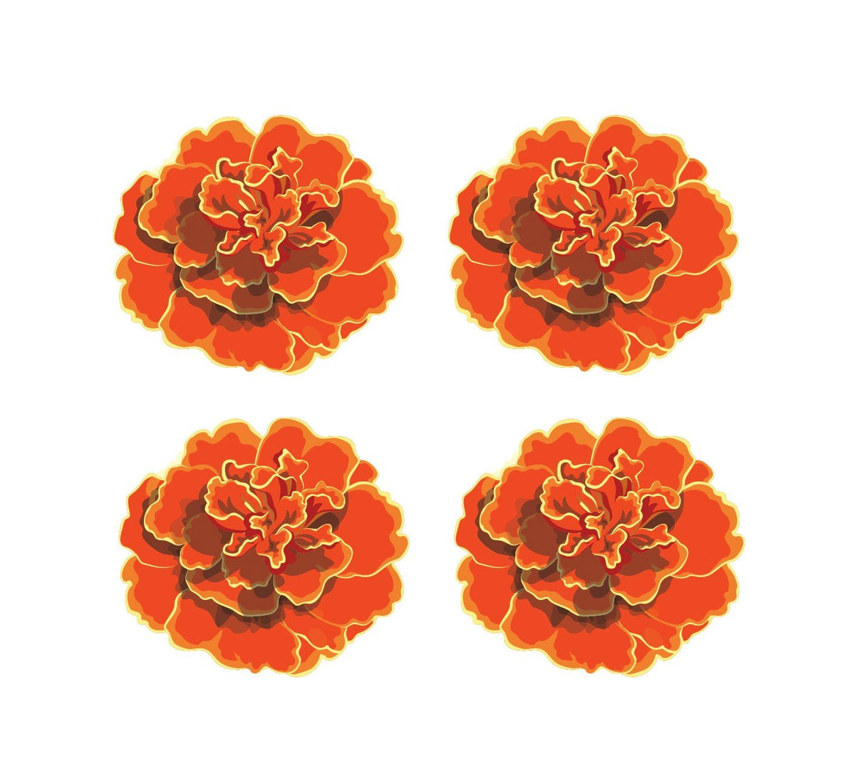 Four identical illustrations of Day of the Dead Marigolds flowers in different colors on a white background by Cover-Alls.