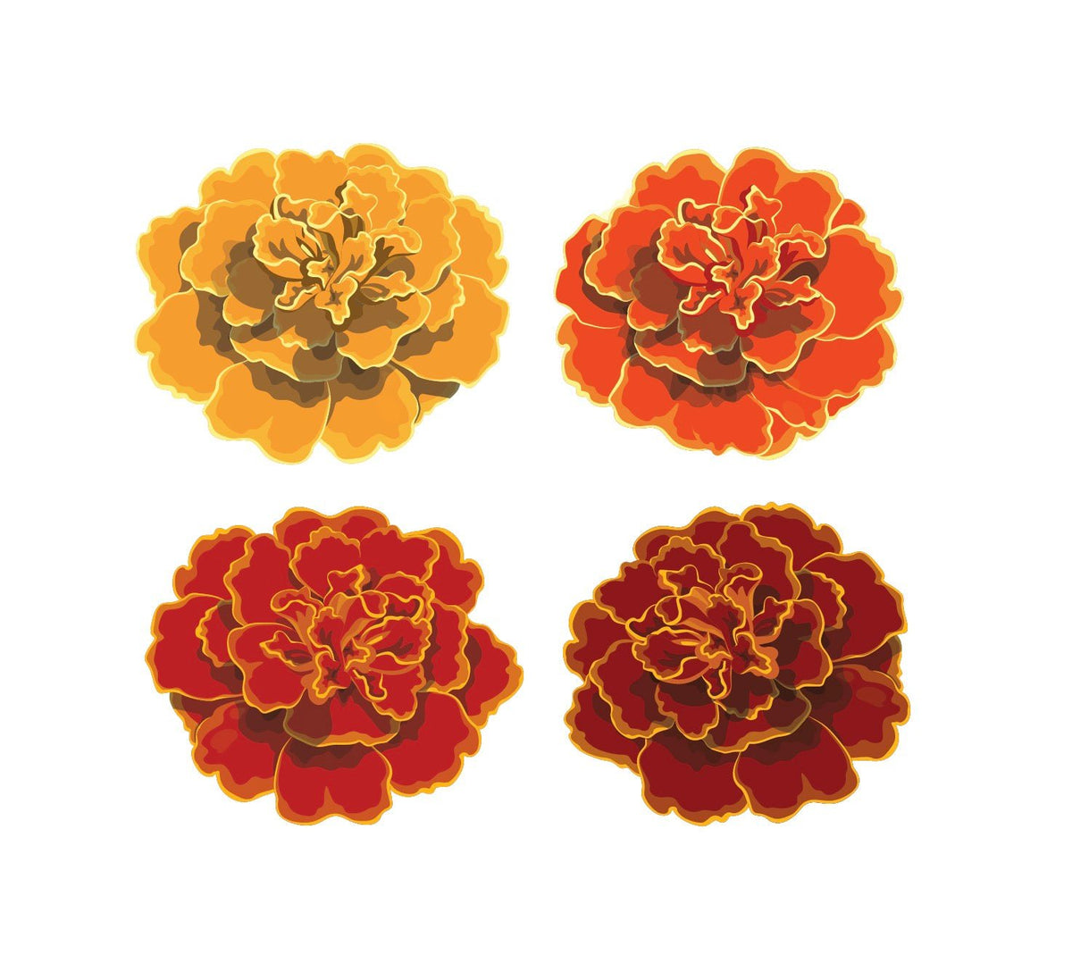 Four stylized Day of the Dead Marigolds in shades of orange and red, depicted with a gradient effect, isolated on a white background. [Brand Name: Cover-Alls]