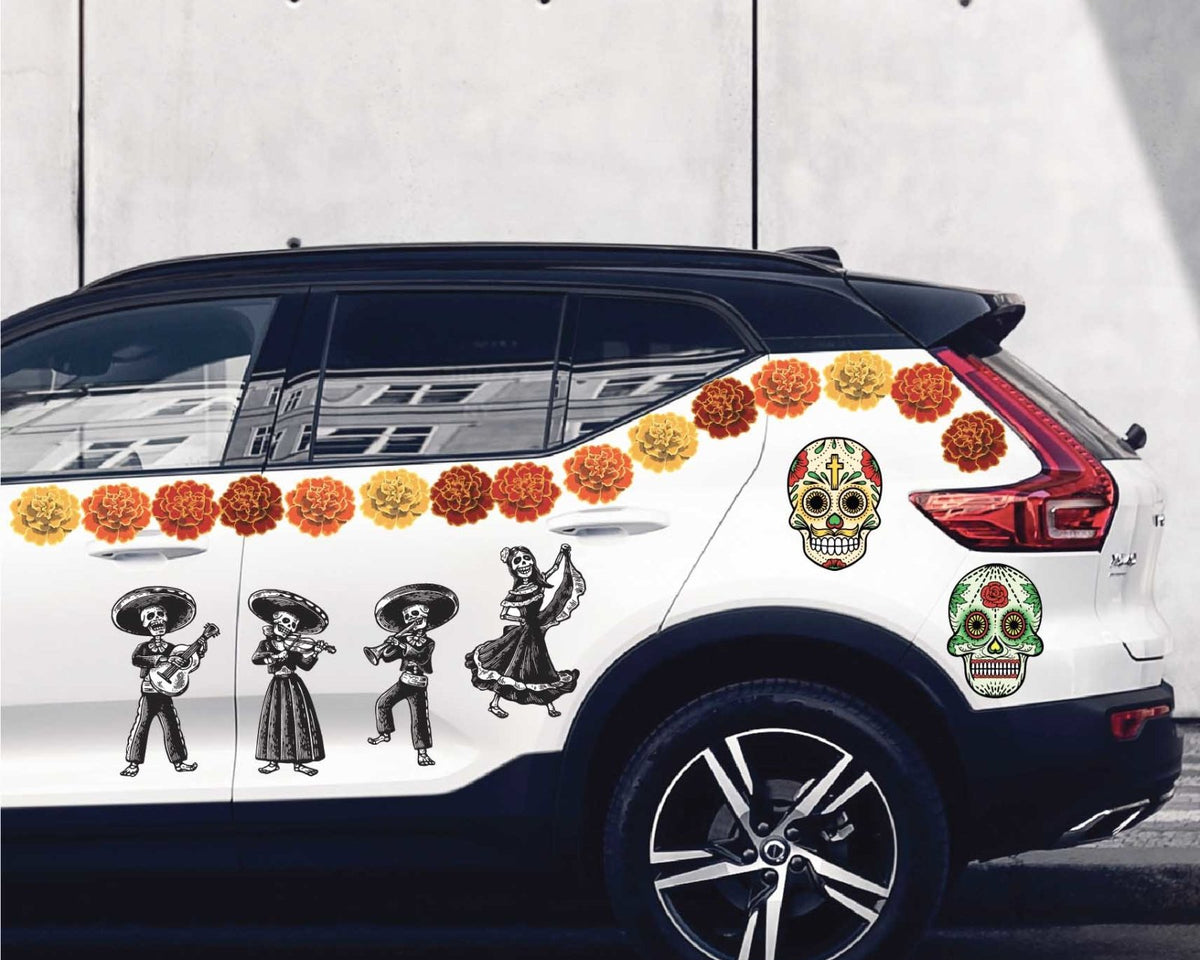 CoverAlls' Halloween themed Day of the Dead Painted Skull Calaveras car stickers.