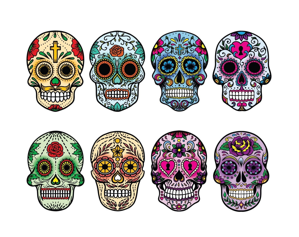 Eight Cover-Alls Day of the Dead Painted Skull Calaveras, each with unique patterns and vibrant floral motifs, representing traditional Mexican Day of the Dead decorations.