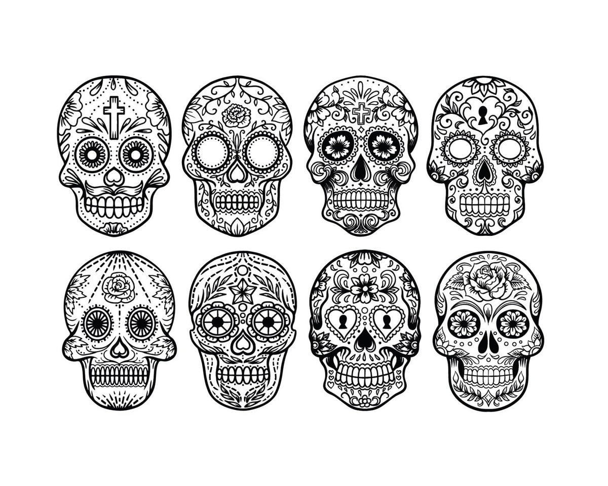 A set of Halloween themed Day of the Dead Painted Skull Calaveras decals by CoverAlls on a white background.