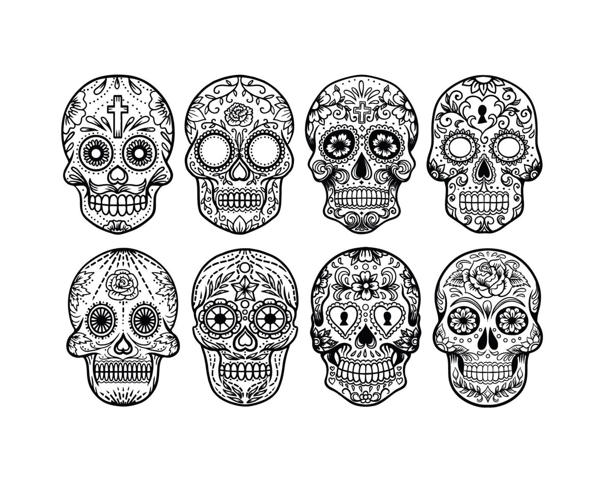 Eight detailed black and white illustrations of decorative sugar skulls, called calaveras, with various patterns including floral and cross motifs for Cover-Alls' Day of the Dead Painted Skull Calaveras celebrations.