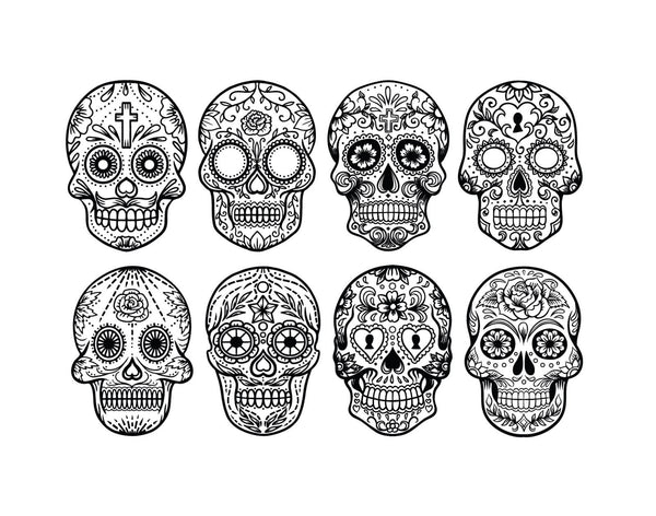 Eight detailed black and white illustrations of decorative sugar skulls, called calaveras, with various patterns including floral and cross motifs for Cover-Alls' Day of the Dead Painted Skull Calaveras celebrations.