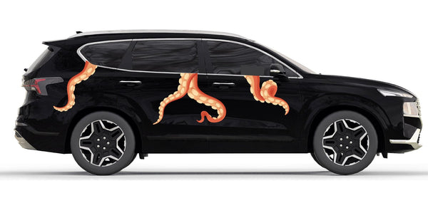A black SUV with a large orange Eight Terrifying Tentacle Decals graphic, featuring prominent octopus tentacles, depicted on a plain white background by Cover-Alls.