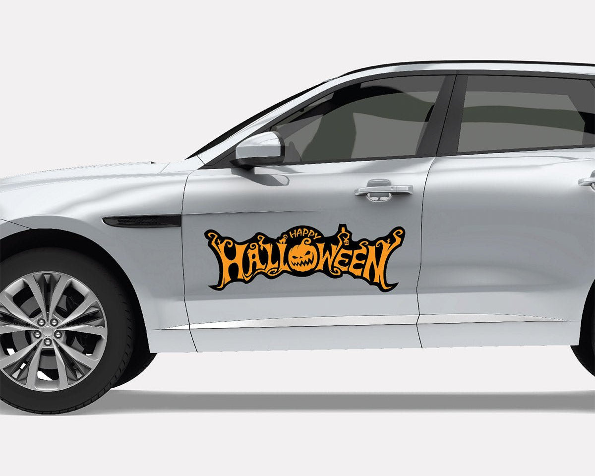 A silver CoverAlls jaguar f-type with a Halloween themed decal on it.