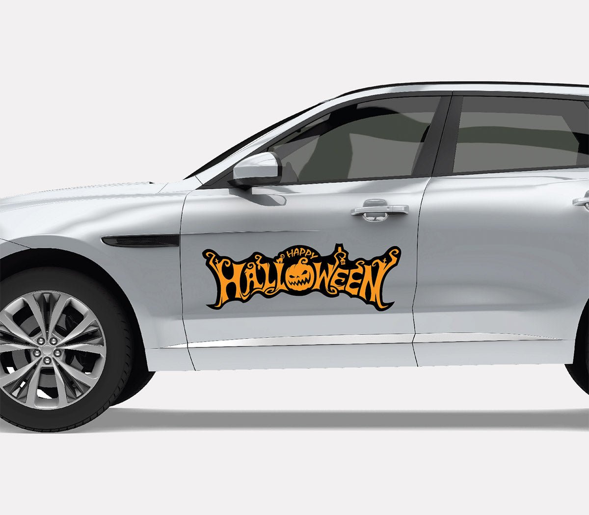 Side view of a white SUV with a black and orange Cover-Alls Happy Halloween Decal on the door.
