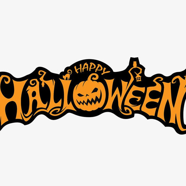 Happy Halloween Decal" text in stylized black and orange font with decorative elements including a pumpkin and a lantern, set against a white background by Cover-Alls.