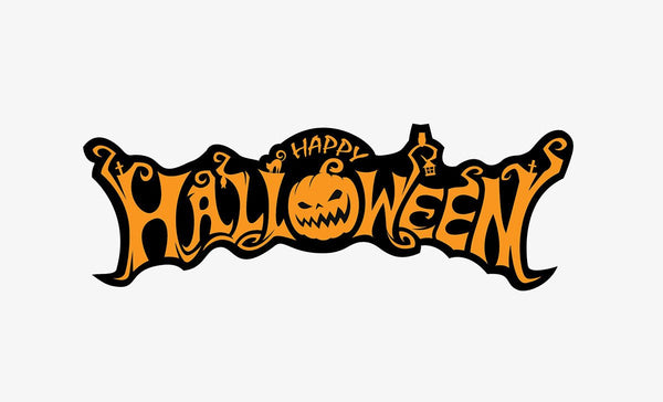 Happy Halloween Decal" text in stylized black and orange font with decorative elements including a pumpkin and a lantern, set against a white background by Cover-Alls.