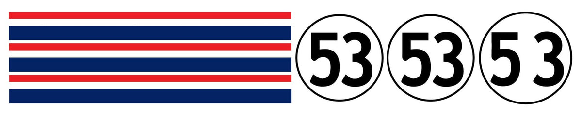 Flag with three blue stripes, two red stripes, and two white stripes on the left; three round icons each with the number 53, resembling Cover-Alls Herbie the Race Car Decals, on the right.