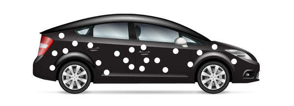 Black car with white Dot Decals by Cover-Alls, depicted in a side profile view on a white background.