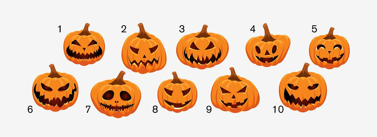 Row of ten Cover-Alls Jack O' Lantern Pumpkin Decals numbered one through ten, each displaying a different facial expression ranging from scary to happy.