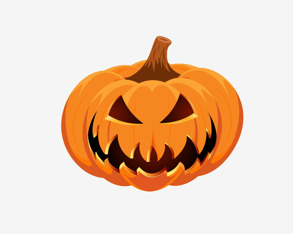 A Halloween themed decal featuring a Jack O' Lantern Pumpkin on a white background.