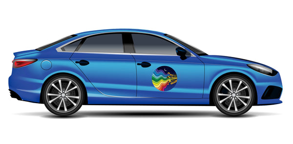 A blue sedan with a Jazzy Night Decal from Cover-Alls, featuring a graphic of colorful trumpets in a 70s style design on the doors, parked against a white background.