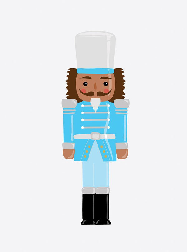 Illustration of a Cover-Alls Nutcracker Decal toy soldier wearing a blue uniform and chef's hat, with a brown beard and a smile.