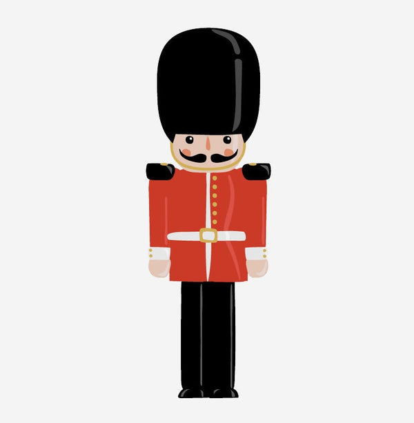 Illustration of a cartoon British royal guard styled as the Mouse King in traditional red uniform and tall black bearskin hat using Cover-Alls Nutcracker Decals.