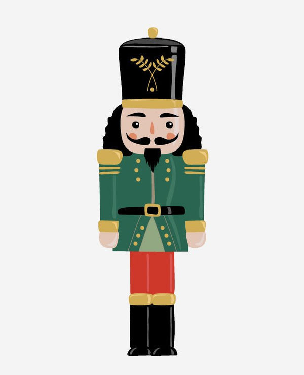 Illustration of a traditional Cover-Alls Nutcracker Decals figurine dressed in a green and gold uniform with a tall black hat, depicting the Mouse King.