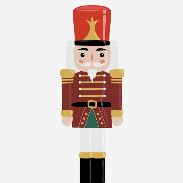Illustration of a traditional Cover-Alls Nutcracker Decals, featuring a red hat, white hair, and a military-style uniform in red and gold.