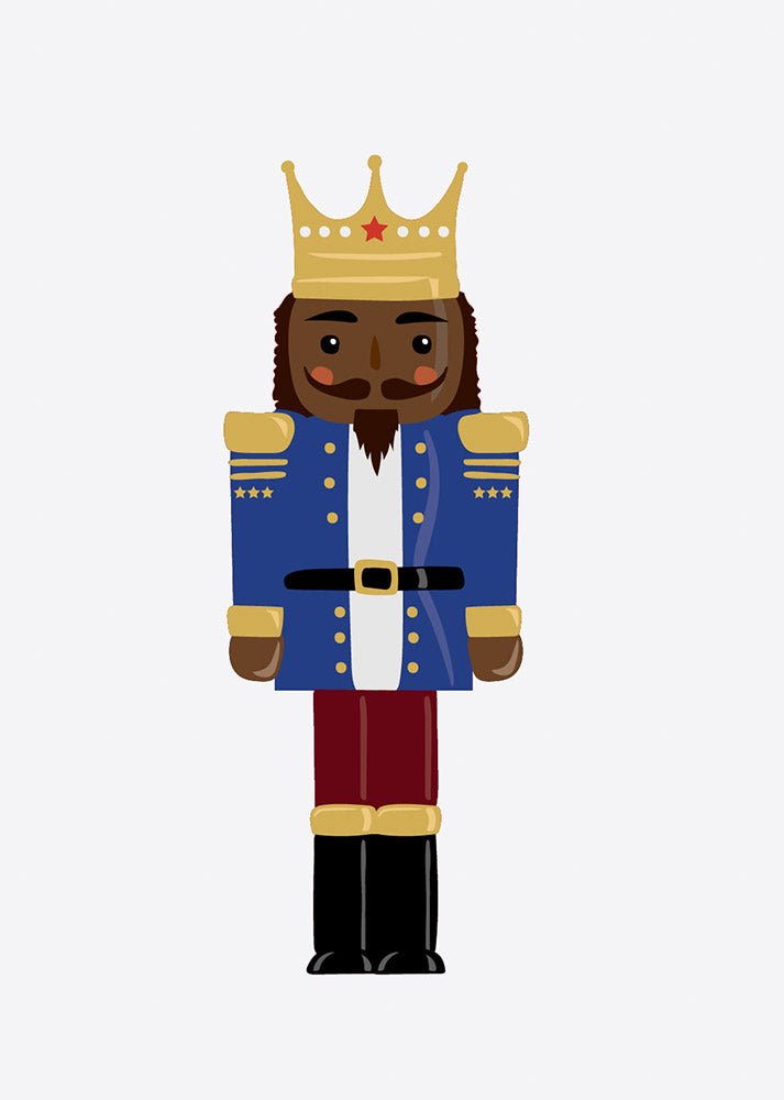 Illustration of a Cover-Alls Nutcracker Decals with a golden crown and a blue jacket adorned with stars, standing against a white background.
