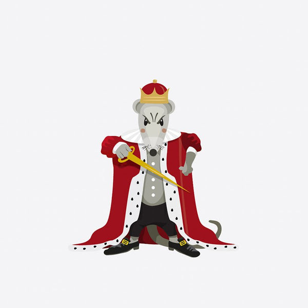 Illustration of an anthropomorphic cat dressed as the Mouse King, wearing a red cape and holding a scepter, standing confidently on a white background with Cover-Alls Nutcracker Decals.