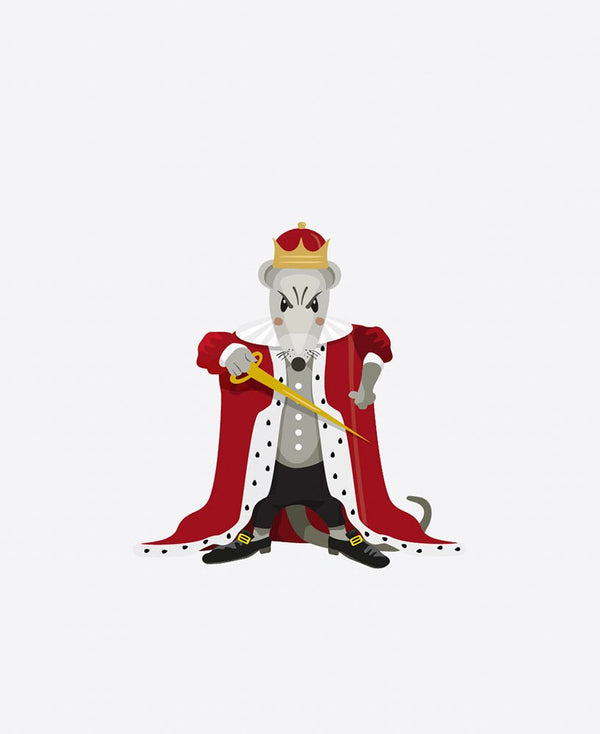 Illustration of an anthropomorphic cat dressed as the Mouse King, wearing a red cape and holding a scepter, standing confidently on a white background with Cover-Alls Nutcracker Decals.