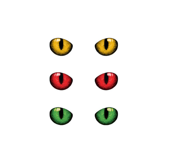 Six illustrated Pair of Cat Eye Decals in pairs: top yellow, middle red, bottom green, arranged vertically with realistic detailing on a white background by Cover-Alls.