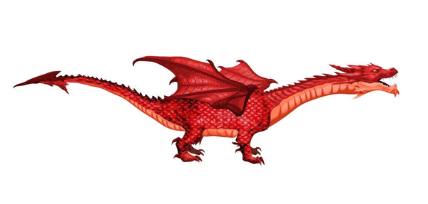 A digital illustration of a Cover-Alls Red Dragon with adjustable size wings and a fierce expression, isolated on a white background.