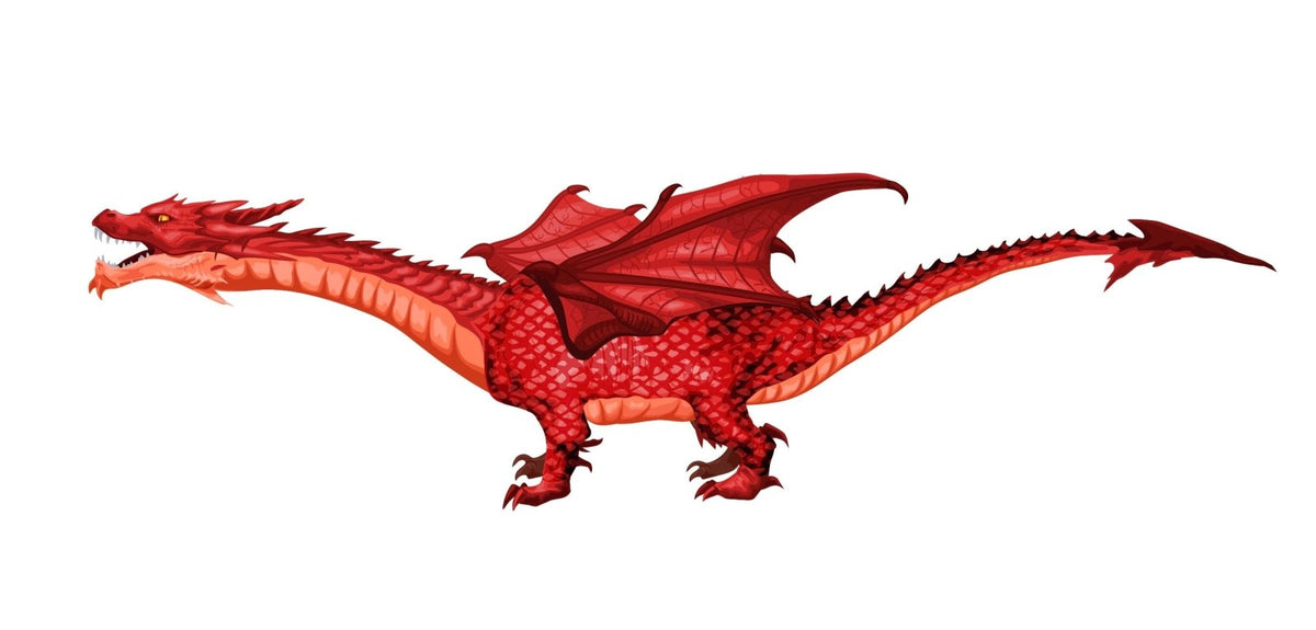 Illustration of a Cover-Alls red dragon with wings extended, adjustable size, featuring multiple horns and spikes, set against a plain white background.