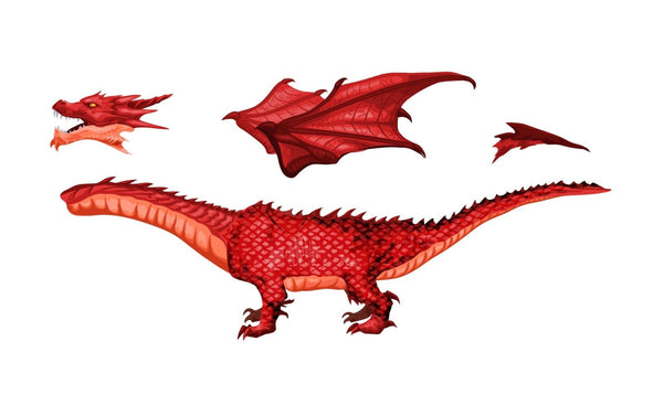 Illustration of a Cover-Alls Red Dragon car decoration in three separate views: head detail, full body profile, and expanded wings.