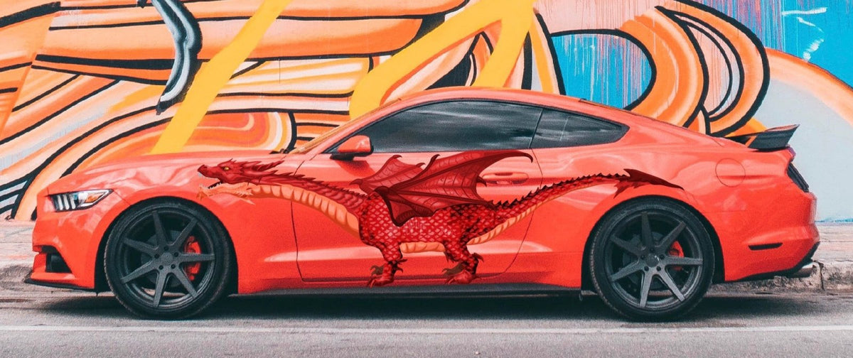 A Red Dragon mustang with a Halloween themed decal painted on it by CoverAlls.