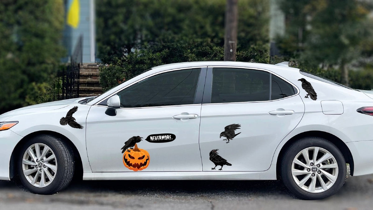 A Halloween-themed decal of a Red-Eyed Ravens car with pumpkins on it by CoverAlls.