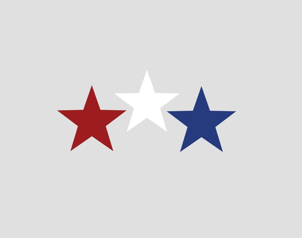Three Red, White or Blue Star Decals aligned horizontally on a gray background by Cover-Alls.
