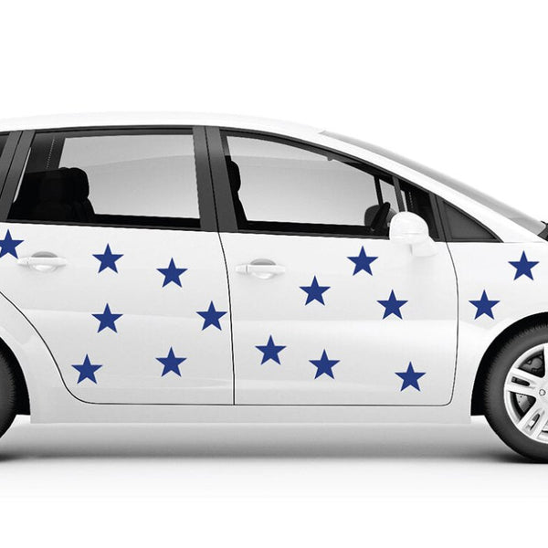 White minivan decorated with Cover-Alls Red, White or Blue Star Decals on its side, displayed against a plain white background, evoking the spirit of July 4th.