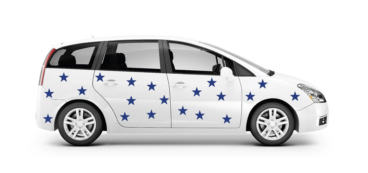 White minivan decorated with Cover-Alls Red, White or Blue Star Decals on its side, displayed against a plain white background, evoking the spirit of July 4th.