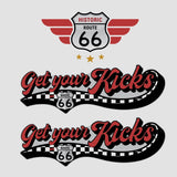Two Cover-Alls Route 66 decals themed around historic route 66; the top depicts a shield with wings reminiscent of a car hood ornament, and the bottom shows the phrase 