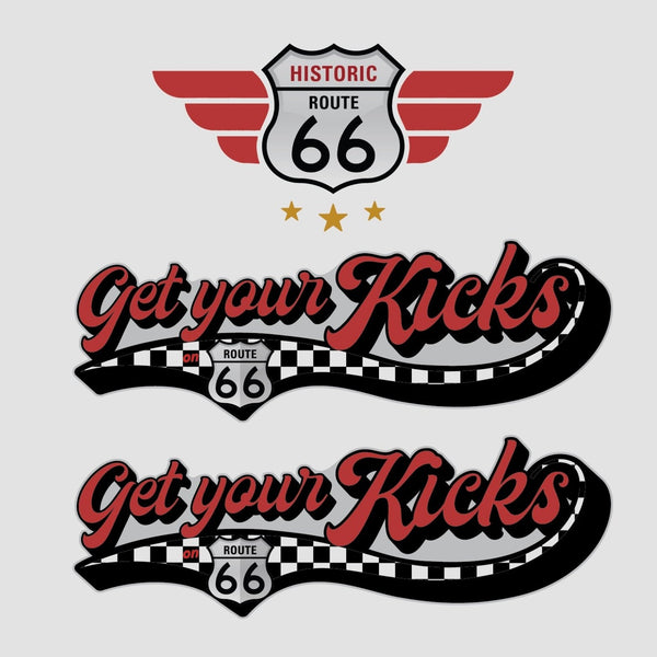 Two Cover-Alls Route 66 decals themed around historic route 66; the top depicts a shield with wings reminiscent of a car hood ornament, and the bottom shows the phrase "Get Your Kicks" on a
